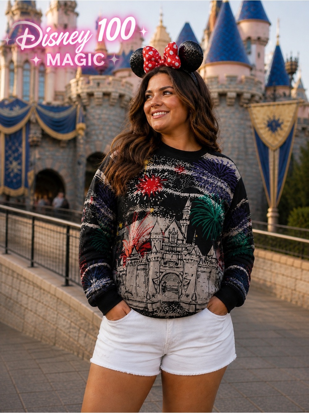 Disney 100‎ Years of Wonder Castle Fireworks Longsleeve Cotton Crewneck Adult M